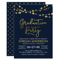 Blue Faux Gold Strings of Lights Graduation Party Card