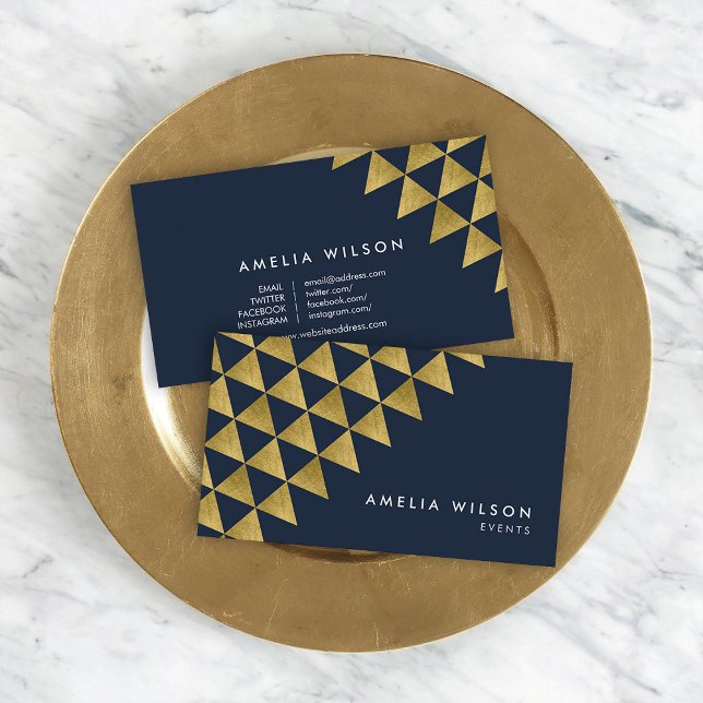 Blue Faux Gold Triangles Events Social Media Business Card (Creator Uploaded)
