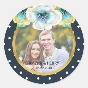 Blue, Faux Gold, Watercolor Floral Wedding Photo Classic Round Sticker