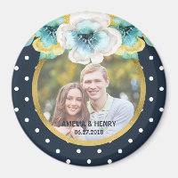 Blue, Faux Gold, Watercolor Floral Wedding Photo Magnet