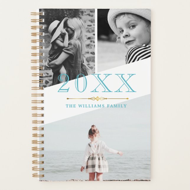Blue Faux Gold & White Photo Collage Planner (Front)