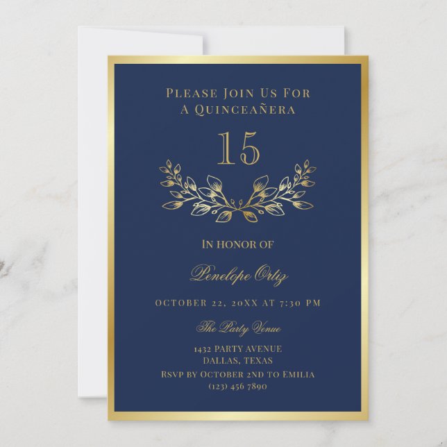 Blue Faux Gold Wreath Quinceañera Invitation (Front)