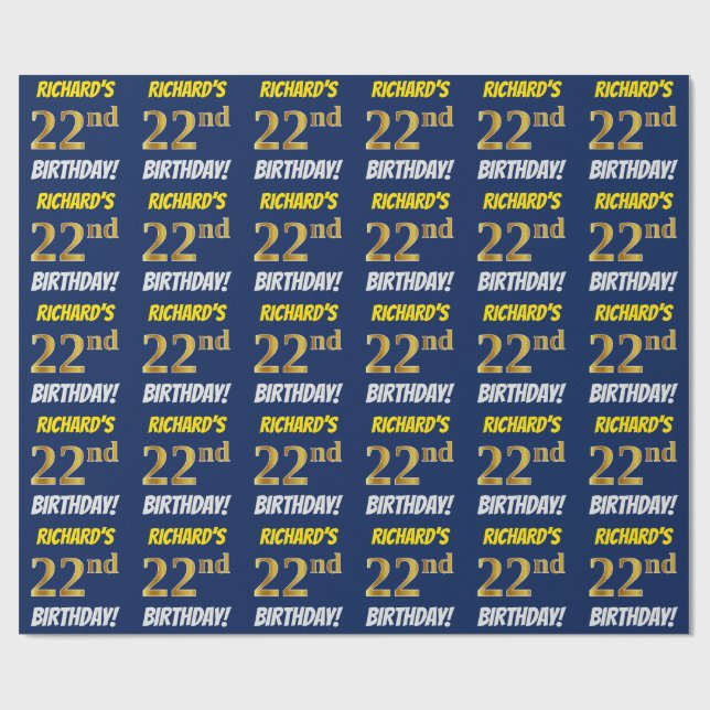 Blue, Faux/Imitation Gold, "22nd BIRTHDAY" Wrapping Paper (Flat)