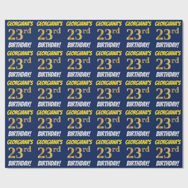 Blue, Faux/Imitation Gold, "23rd BIRTHDAY" Wrapping Paper (Flat)