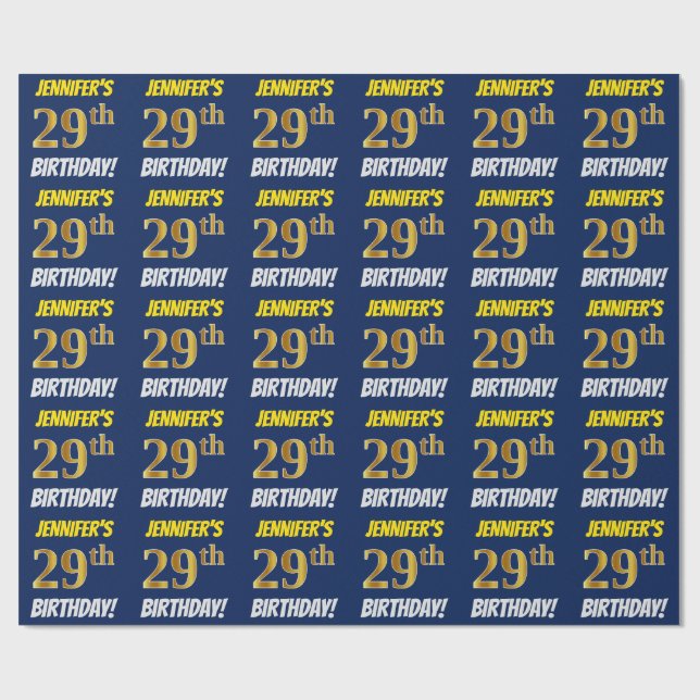 Blue, Faux/Imitation Gold, "29th BIRTHDAY" Wrapping Paper (Flat)