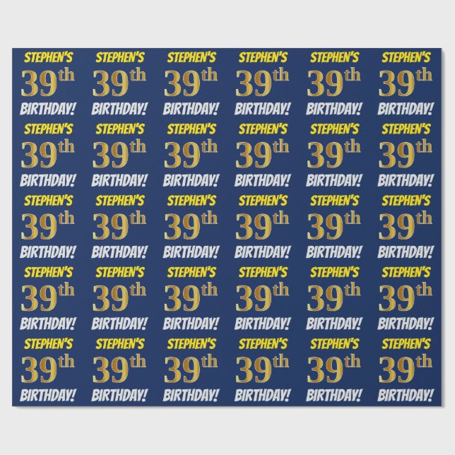 Blue, Faux/Imitation Gold, "39th BIRTHDAY" Wrapping Paper (Flat)