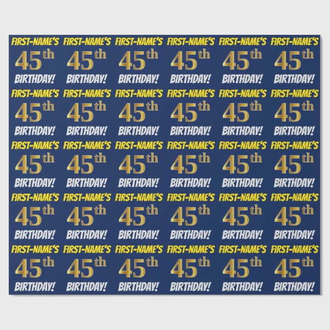 Blue, Faux/Imitation Gold, "45th BIRTHDAY" Wrapping Paper (Flat)