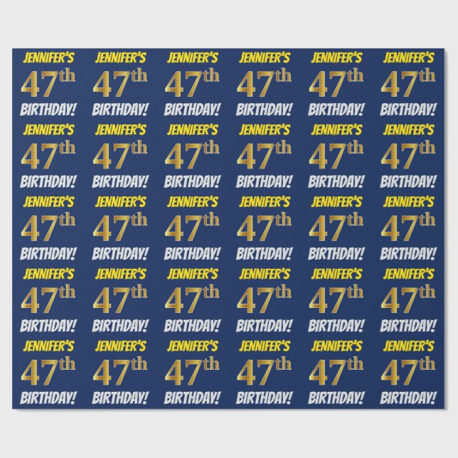 Blue, Faux/Imitation Gold, "47th BIRTHDAY" Wrapping Paper (Flat)