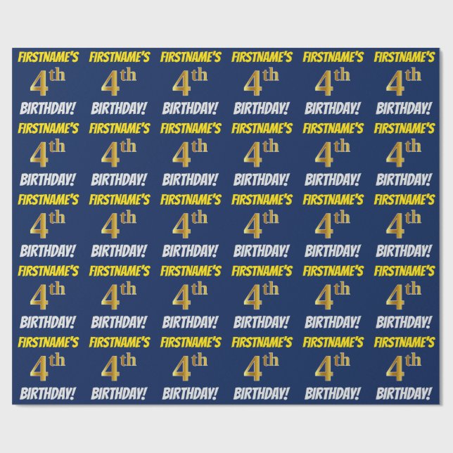 Blue, Faux/Imitation Gold, "4th BIRTHDAY" Wrapping Paper (Flat)