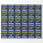 [ Thumbnail: Blue, Faux/Imitation Gold, "50th Birthday" Wrapping Paper ]