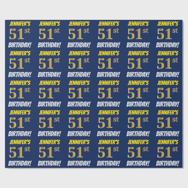 Blue, Faux/Imitation Gold, "51st BIRTHDAY" Wrapping Paper (Flat)