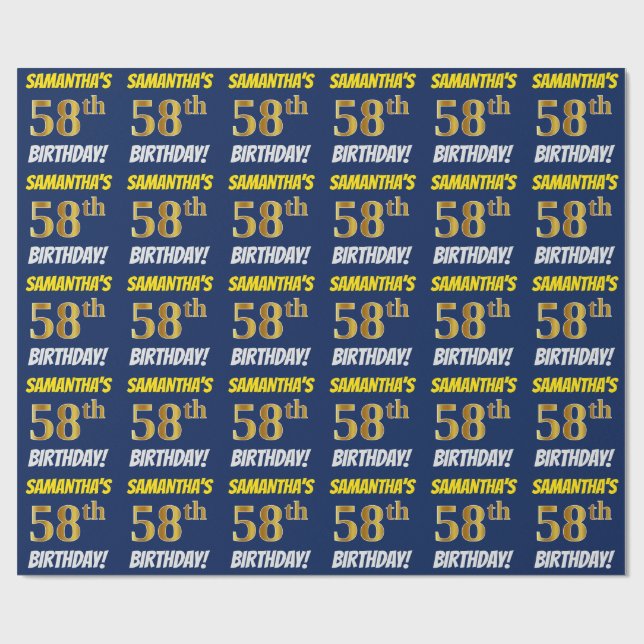 Blue, Faux/Imitation Gold, "58th BIRTHDAY" Wrapping Paper (Flat)