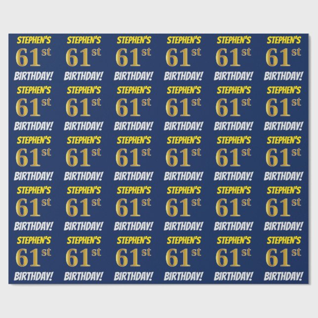Blue, Faux/Imitation Gold, "61st BIRTHDAY" Wrapping Paper (Flat)