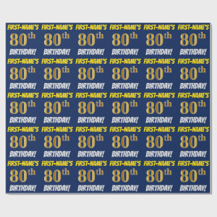 Blue, Faux/Imitation Gold, "80th BIRTHDAY" Wrapping Paper