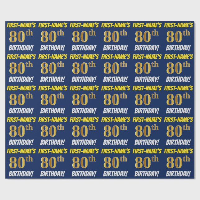 Blue, Faux/Imitation Gold, "80th BIRTHDAY" Wrapping Paper (Flat)