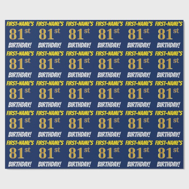Blue, Faux/Imitation Gold, "81st BIRTHDAY" Wrapping Paper (Flat)
