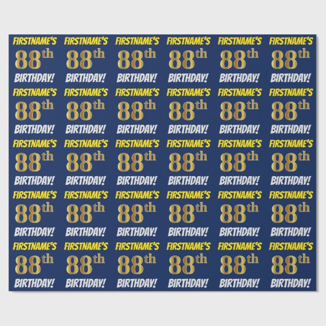 Blue, Faux/Imitation Gold, "88th BIRTHDAY" Wrapping Paper (Flat)
