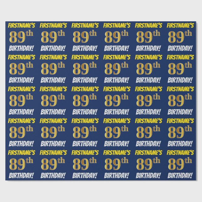 Blue, Faux/Imitation Gold, "89th BIRTHDAY" Wrapping Paper (Flat)