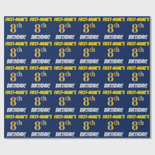 Blue, Faux/Imitation Gold, "8th BIRTHDAY" Wrapping Paper