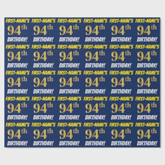 Blue, Faux/Imitation Gold, "94th BIRTHDAY" Wrapping Paper (Flat)