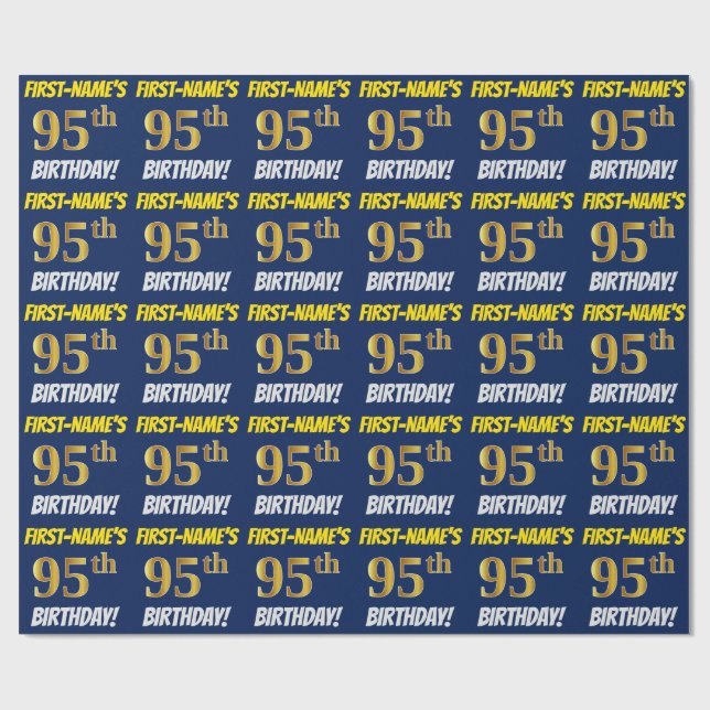 Blue, Faux/Imitation Gold, "95th BIRTHDAY" Wrapping Paper (Flat)