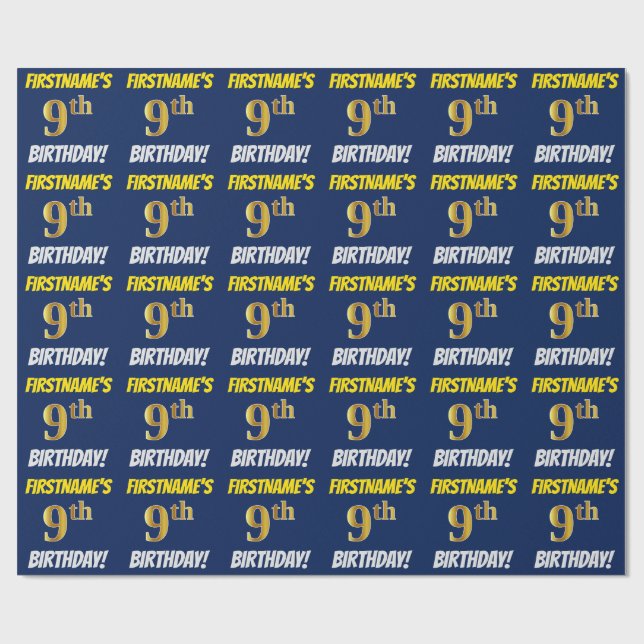 Blue, Faux/Imitation Gold, "9th BIRTHDAY" Wrapping Paper (Flat)