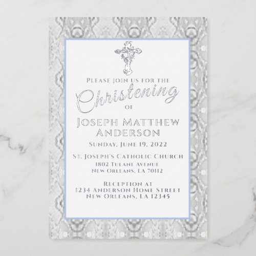 Blue Faux Lace BaptismChristening  Foil Invitation