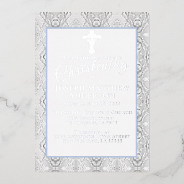 Blue Faux Lace Baptism/Christening  Foil Invitation (Front)