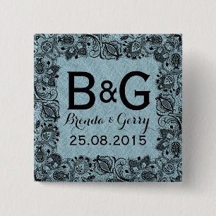 Blue Faux Linen & Black Floral Lace Frame Pinback Button