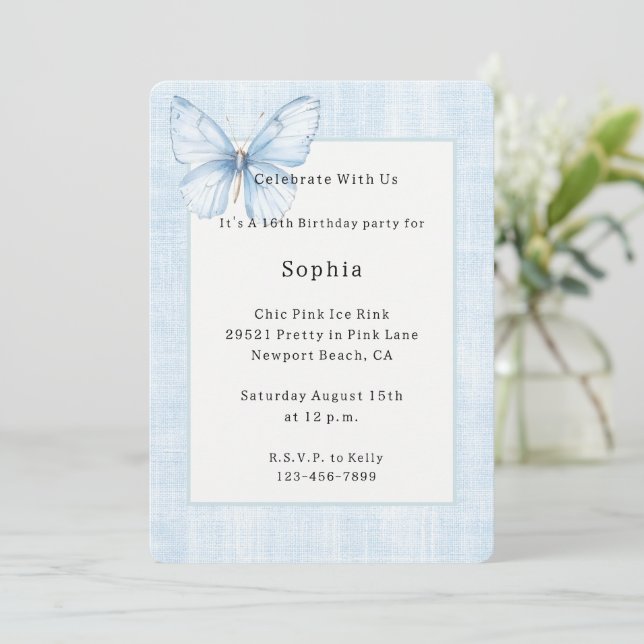 Blue Faux Linen Butterfly Birthday   Invitation (Standing Front)
