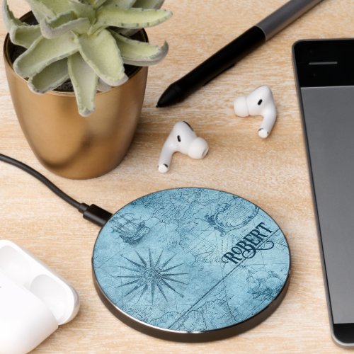 Blue Faux Old World Map Wireless Phone Charger