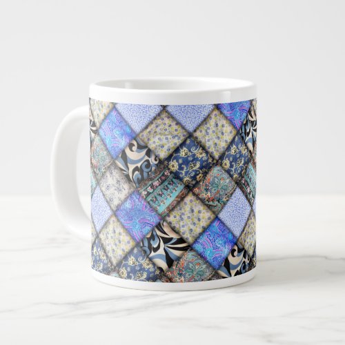 Blue Faux Patchwork Quilting Pattern Giant Coffee Mug