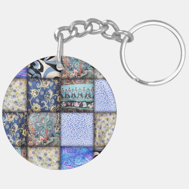 Blue Faux Patchwork Quilting Pattern Keychain (Back Right)