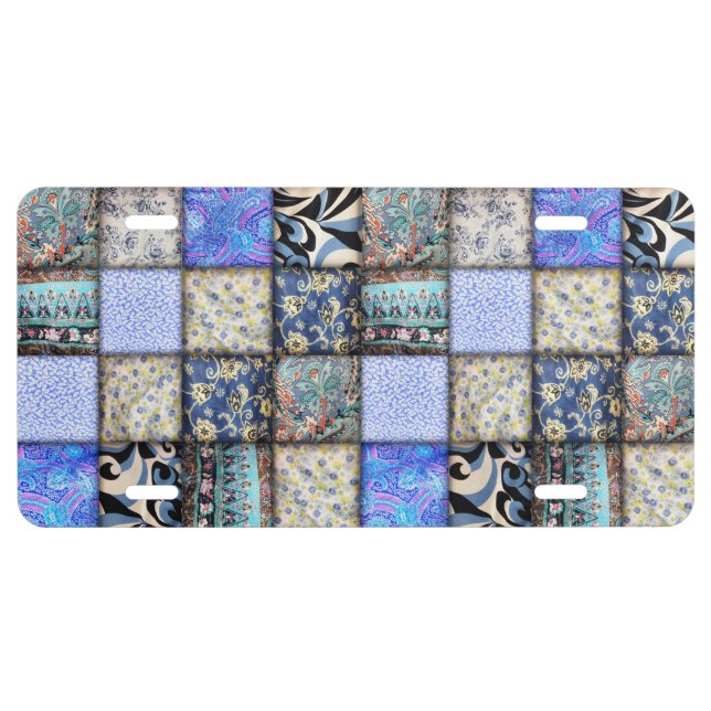Blue Faux Patchwork Quilting Pattern License Plate (Front)