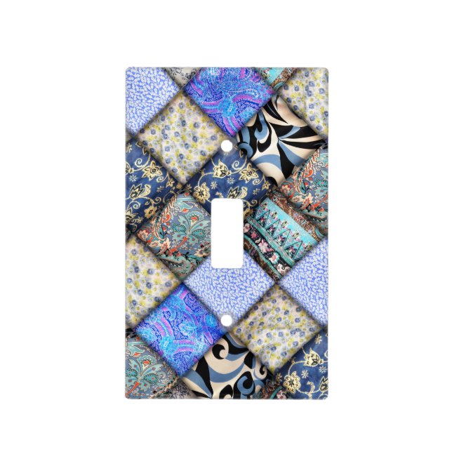 Blue Faux Patchwork Quilting Pattern Light Switch Cover (Front)