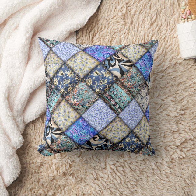 Blue Faux Patchwork Quilting Pattern Throw Pillow (Blanket)