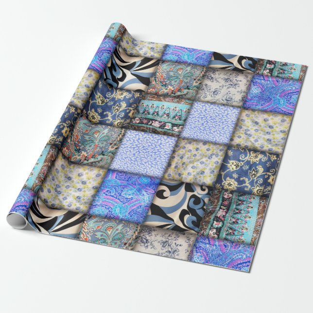 Blue Faux Patchwork Quilting Pattern Wrapping Paper (Unrolled)