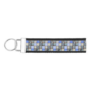 Blue Faux Patchwork Quilting Pattern Wrist Keychain