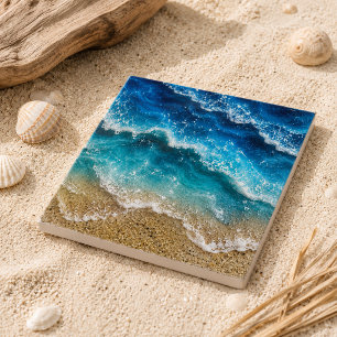 Blue Faux Resin Waves Coastal Beach Ceramic Tile