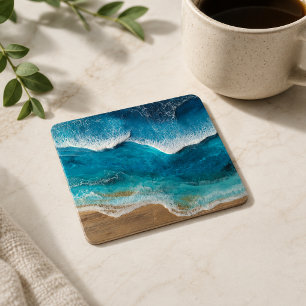 Blue Faux Resin Waves Coastal Beach Square Paper Coaster