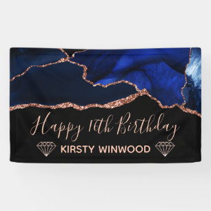 Blue & Faux Rose Gold Glitter Agate Sweet 16 Banner