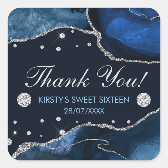 Blue & Faux Silver Glitter Agate Birthday Sweet 16 Square Sticker (Front)