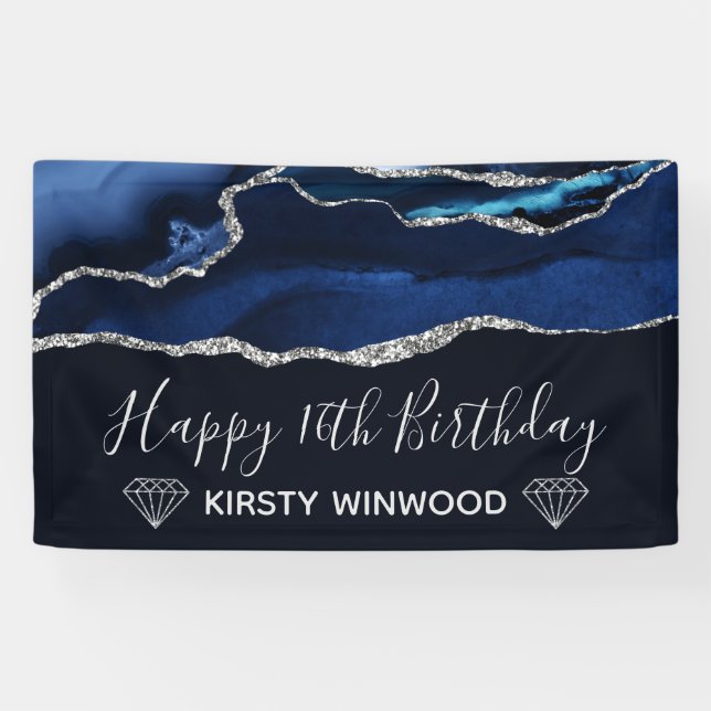 Blue & Faux Silver Glitter Agate Sweet 16 Banner (Horizontal)