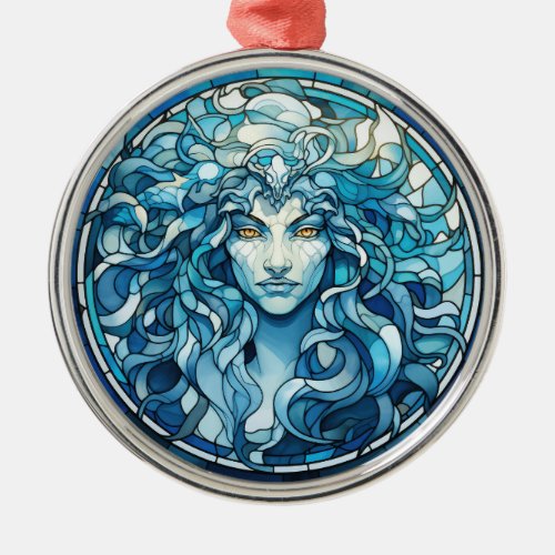 Blue Faux Stained Glass Medusa Ornament