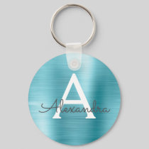 Blue Faux Stainless Steel Monogram Keychain