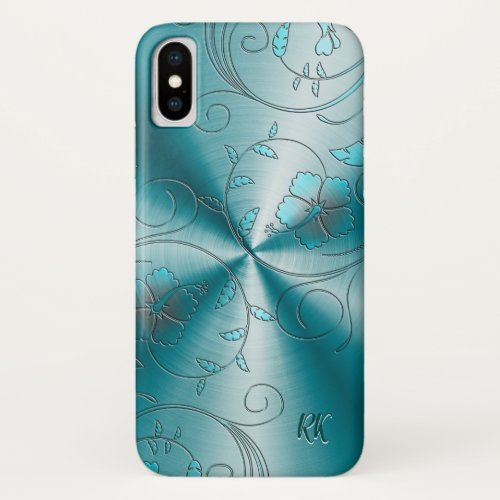 Blue Faux Stainless Steel With Embossed Flowers iPhone X Case