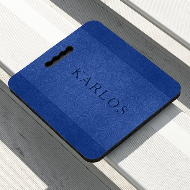 Blue faux suede leather floral pattern monogram seat cushion (In Situ)