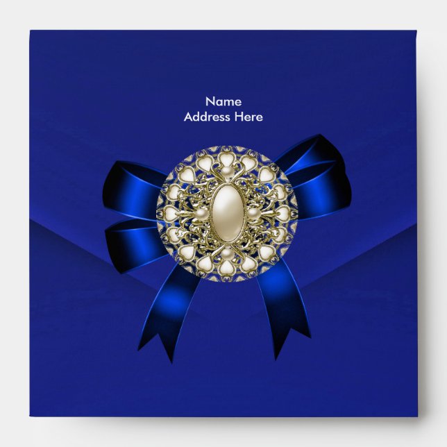 Blue faux Velvet Pearl Jewel Bow Envelope (Front)