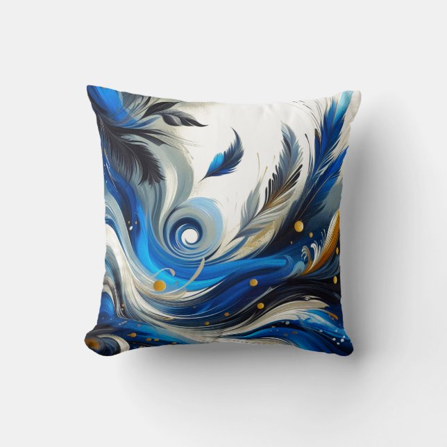 Blue Feather Abstract Throw Pillow (Front)