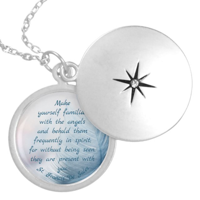 Blue Feather Angel Saint Francis Quote Locket Necklace (Front)